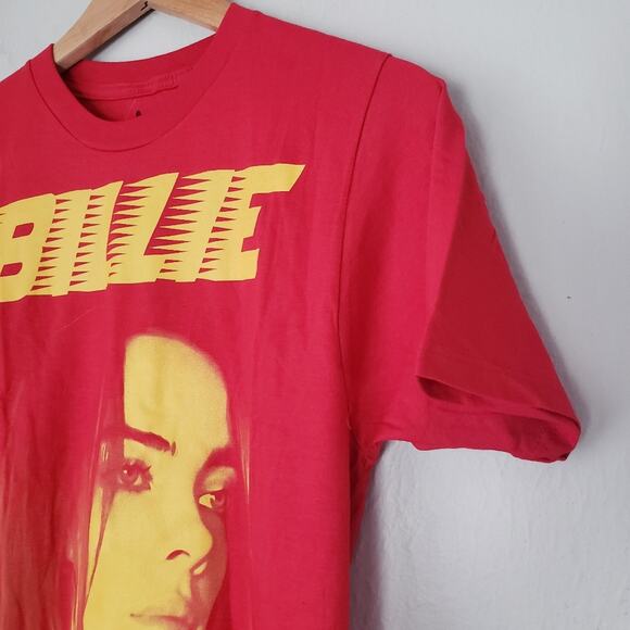Urban Outfitters Billie Eilish Racer Logo Graphic Red Yellow Band T-Shirt Top - Picture 2 of 6